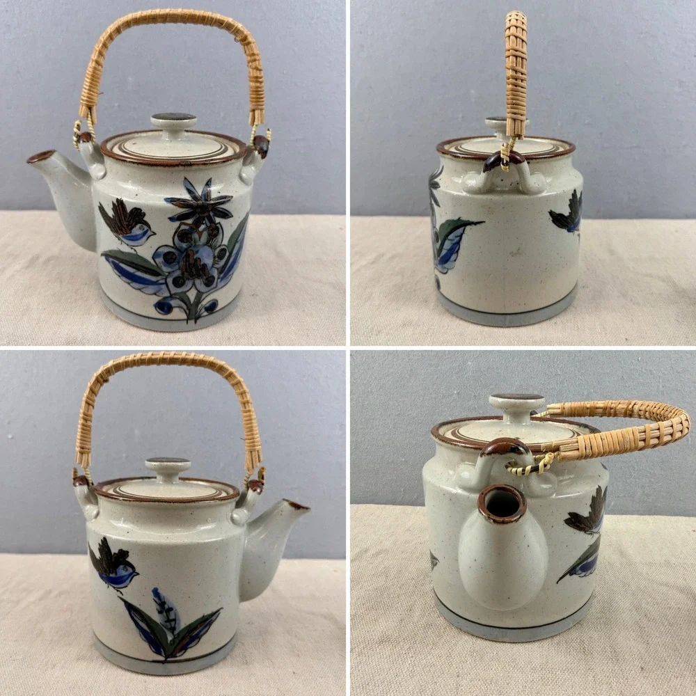 Vintage Tonala Mexican Pottery Tea Set Teapot 3 Cups Bird‎ Floral Burnished